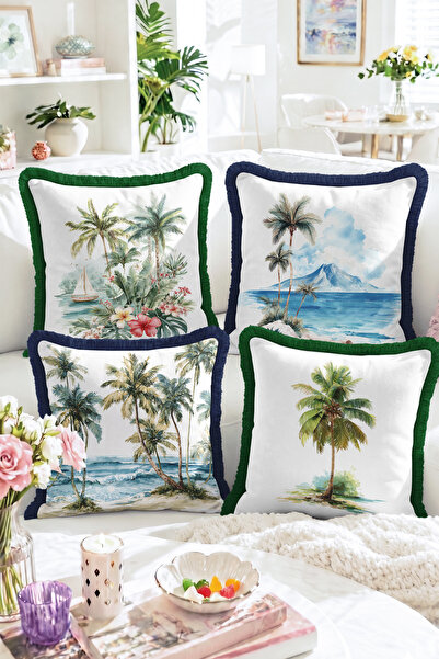 Realhomes Set of 4 Fringed Throw Pillow Covers with Palm Trees and Sea View