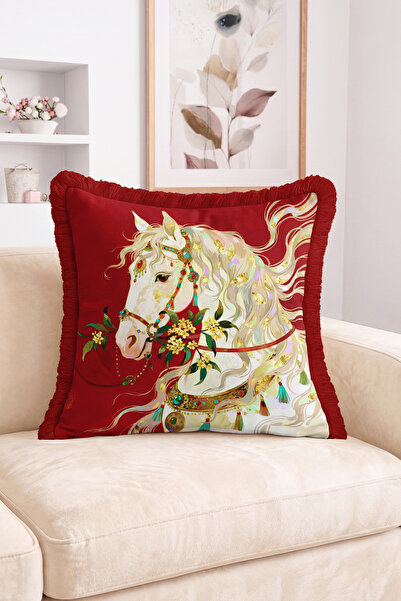 Realhomes Fringed Throw Pillow Cover with White Horse Figure on Red Backgroun...