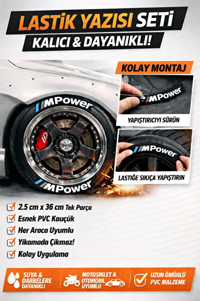 ASTUNİNG M Power Motosiklet Ve Otomobil Lastik Yazısı Kabartma Sticker Yapıştırma 8 Adet Set Astsyn020