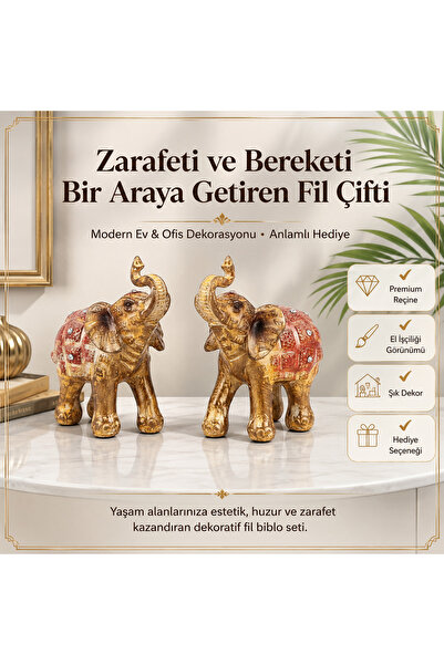 e-life shop Taşlı Renkli Feng Shui 2'li Fil Biblo Seti 9 cm Şans Bereket Deko...