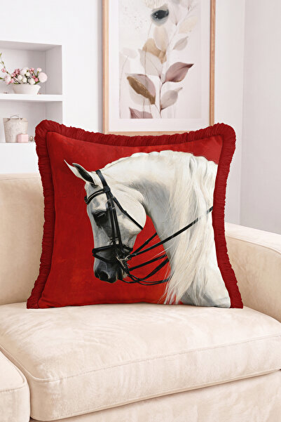 Realhomes White Horse Portrait on Red Background Patterned Fringed Throw Pill...