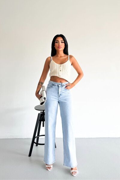 HLT JEANS Сини снежни дамски широки дънки с висока талия Palazzo Lycra Гъвкав...