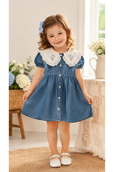 Generic Brand Rochie din denim pentru fete, cu nasturi, cu guler tip păpușă, ...