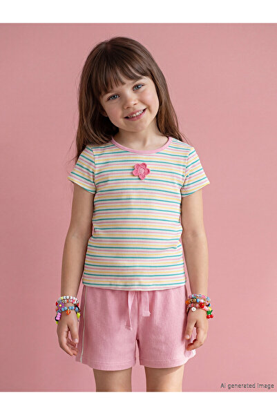 LC Waikiki Trendlucky Girls' Ribbed T-Shirt with Oval Collar and Stripes