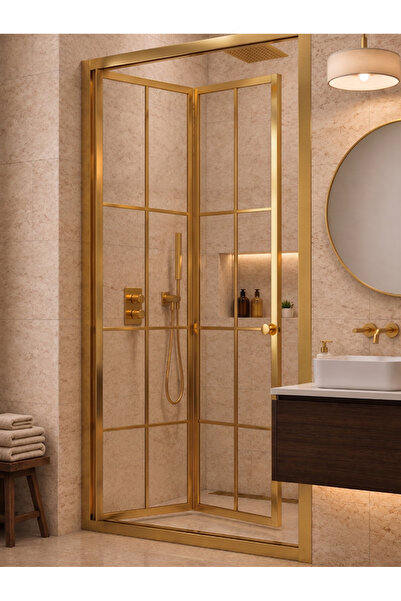 Waterline Duşakabin Ön Cephe Katlanır Akordiyon Kapı Gold Profil Karolaj Dese...