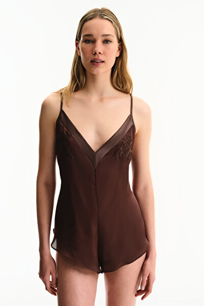 Penti Kahverengi Saten Chiffon Teddy Tulum