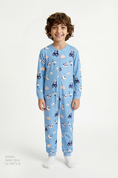 Penti Mavi Erkek Çocuk Farm İnek Desenli Fermuarlı Pijama Tulum