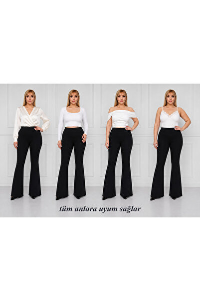 Livik İspanyol Paça Büyük Beden Dalgıç Kumaş Tayt Yüksek Bel Pantolon Büyük Beden 2xl 3xl 4xl 5xl 6xl