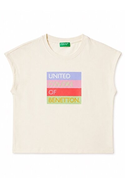 United Colors of Benetton Devojčica, majica bez rukava sa otisnutim ecru logo...