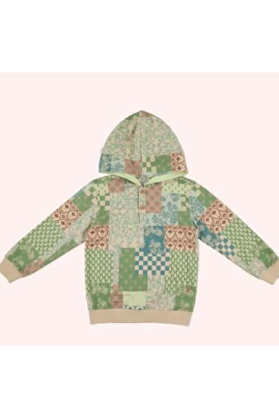 Panço Girl's Mixed Print Button Detailed Hooded Sweatshirt 3-14 Years Beige