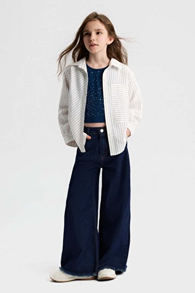 nk kids Nk girl's striped shirt with large pocket detail, ages 8-14, ecru/navy