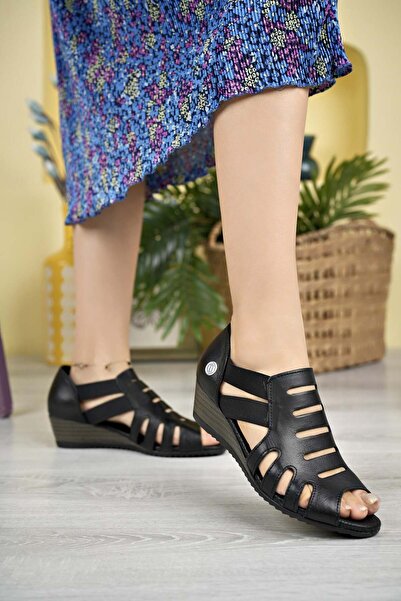 Mammamia D25Ys 2740 Black Genuine Leather Open Front Women's Shoes