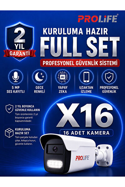 PROLİFE 16 Lı Sesli Güvenlik Kamerası 5 Mp Gece Renkli Yüz Ve Araç Tanımalı F...