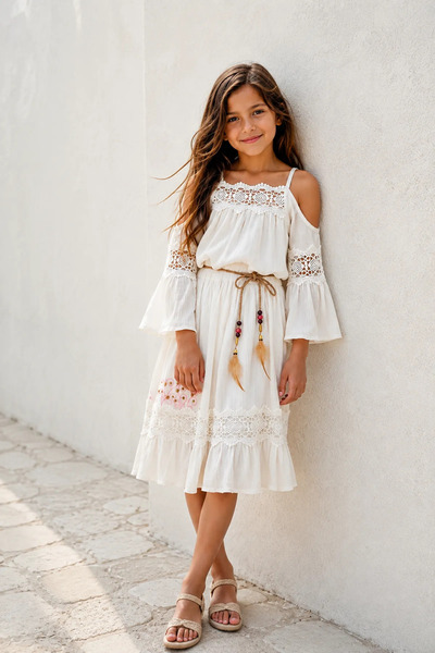 Minigimin Cicileri My Little Girl's Lace and Shoulder Detail Bohemian Dress -...