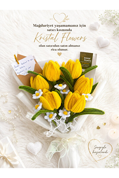 Kristal Flowers 6’lı Sarı Laleler Şönil Çiçek Buketi
