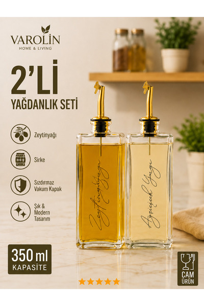 VAROLİN 2’li Cam Yağlık Seti 350 ml–Zeytinyağı & Sirke Şişesi – Akıtmaz GOLD ...