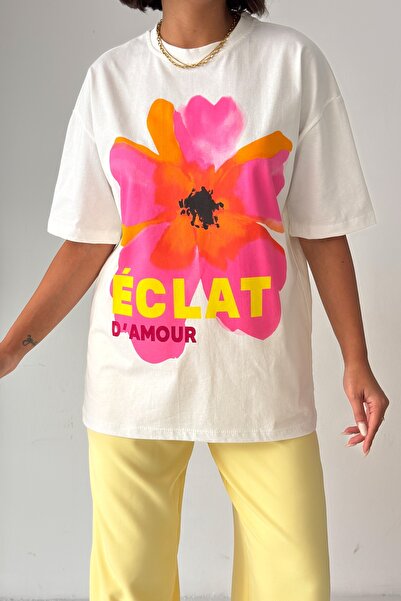 CrepTekstil Crep Kadın Kontrast Çiçekli Éclat D'Amour Baskılı Oversize Tişört %100 Pamuk