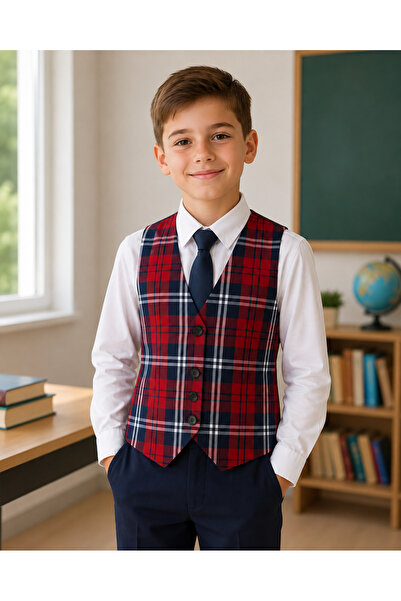 OEM Vestă școlară, carouri roșii și bleumarin, 10 ani