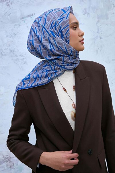Silk Home Soft Cotton Scarf Blue Silver Mink Geometric Patterned Light Textur...