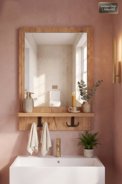 MONTESEV Antik Ahşap Dekoratif Ayna Raflı Askılıklı Banyo Oda Lavabo Wc Dresu...