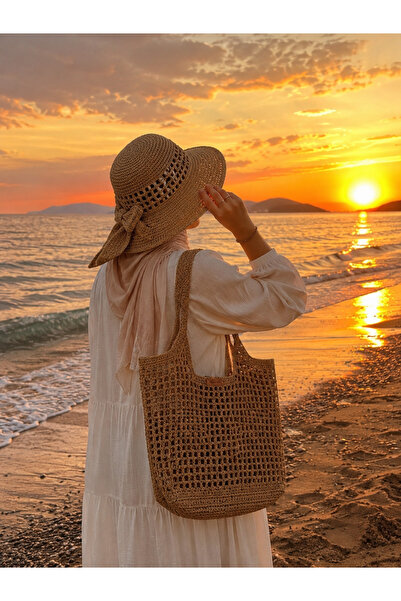 ARTTMACRAME مجموعة قبعة وحقيبة من القش |   مجموعة إكسسوارات نسائية لحقيبة الش...