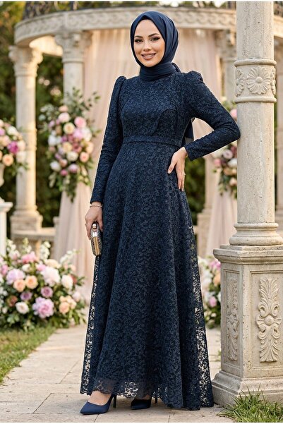 Neva Style Dantelli Lacivert Tesettür Abiye Elbise 22421L