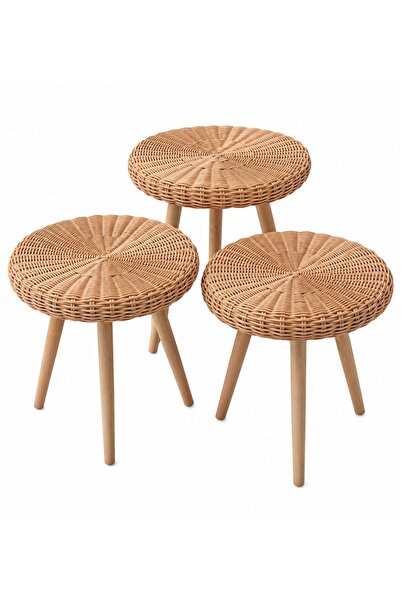 Joujou Rattan Rustik Yuvarlak 3'lü Sehpa Seti– 35 cm Çap | El Yapımı Doğal Ör...