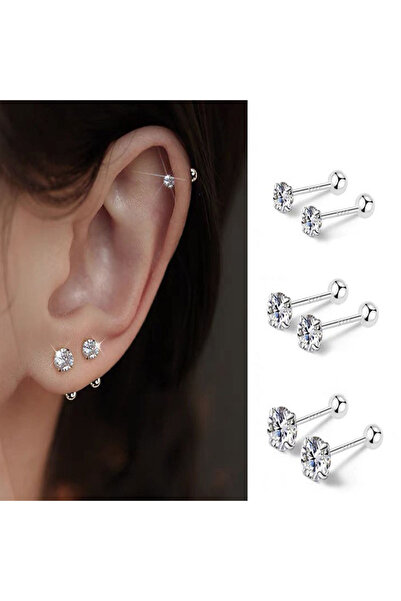 Choice S2-3pairs-silvery 3Pairs Classic Round Zirconia Stud Earrings For Wome...