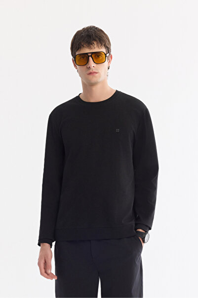 Avva Men's Black Crew Neck Flexible Soft Texture Interlock Fabric Sweatshirt ...