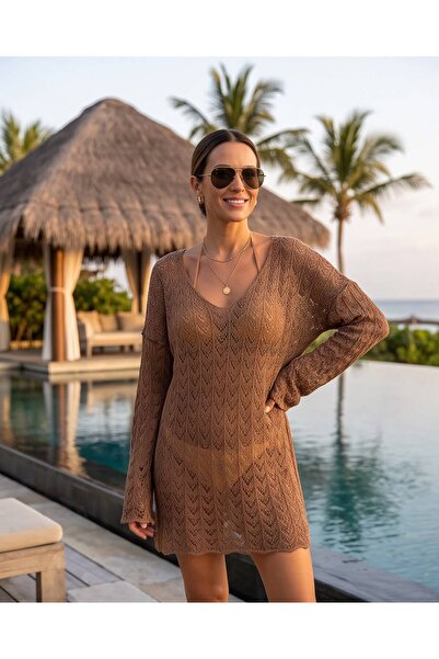 Trend Kapında Women's V-Neck Openwork Knitwear Beach Dress and Tunic