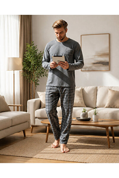 Sude HOMEWEAR Ercan Men's Gray Pocketed Top Pajama Set