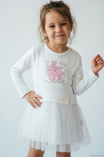 Breeze Girl's Long Sleeve Dress with Floral Print Tulle, Ages 2-6, Ecru