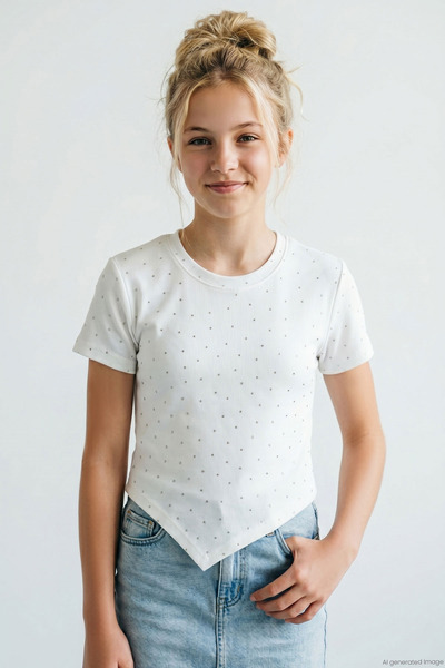 Breeze Girl's Short-Sleeved T-Shirt with Stone Accessories, Asymmetrical Cut ...