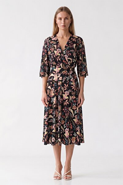 Roman Floral Desenli Kruvaze Midi Boy Elbise Standart Renk K2211051_089