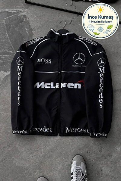 Lushen Siyah Beyaz Mclaren Unisex Motorcu Yağmurluk Rüzgarlık İnce Ceket