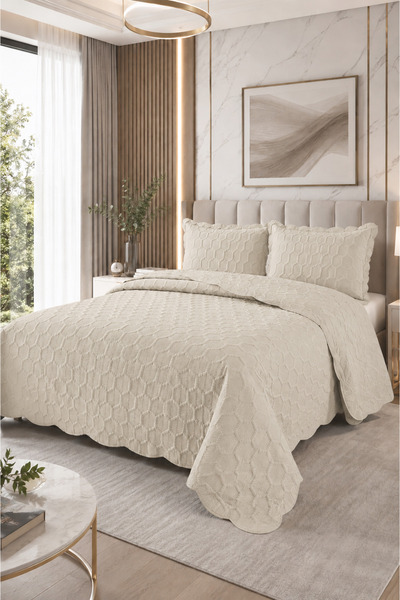 Bella Home Honey Comb 3D Double Bedspread Set (3 Pieces) - 260X240 cm - with ...