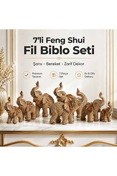 e-life shop Simli İşlemeli 7’li Feng Shui Fil Biblo Seti Şans Bereket Dekorat...
