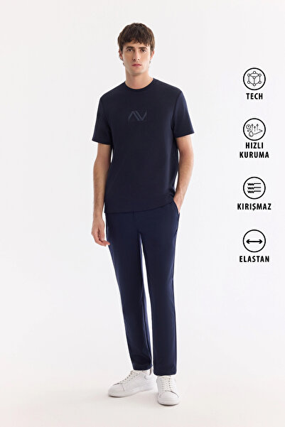 Avva Men's Navy Blue Elastic Side Anti-Wrinkle Technical Fabric Slim Fit Chin...