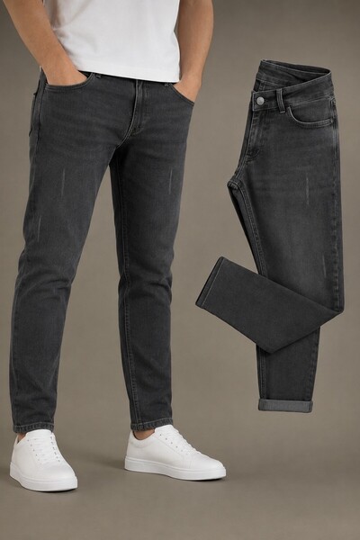 BM BALANCEMODA Ανδρικό τζιν παντελόνι ανθρακί με λεπτή εφαρμογή από λύκρα