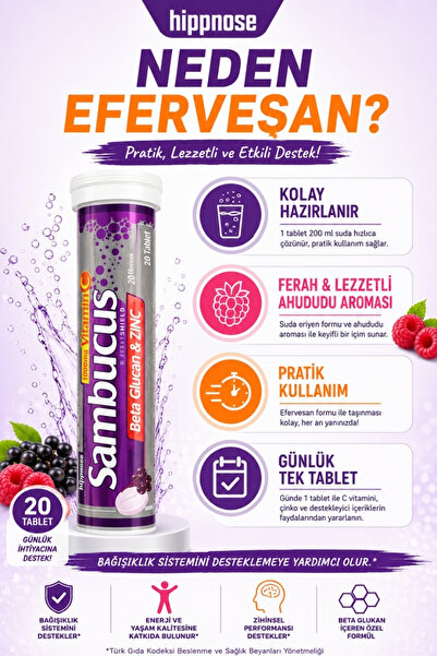Hippnose Sambucus Efervesan – C Vitamini, Çinko ve Beta Glukan Destekli Takviye 20 TABLET