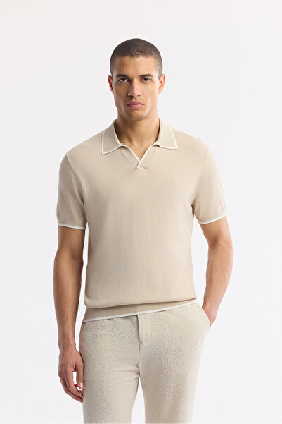 Avva Men's Beige Polo Neck Rayon Knitwear Regular Fit T-Shirt A51Y5056