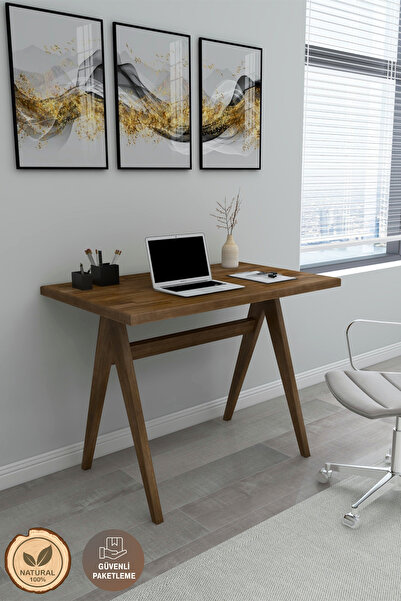 WOODFACE Polo Masif Ahşap Çalışma Masası 90x60 cm - Ceviz Renk - Ağaç Ayak Ev...