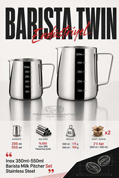 Transformacion İnox 350ml-550ml Barista Süt Sürahisi Seti - Süt Köpürtme Potu...