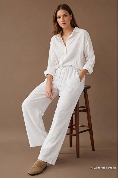 Madmext Ecru Elastic Waisted Loose Cut Trousers MG2020