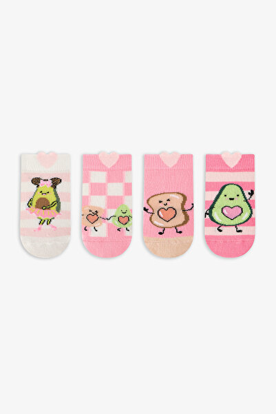 Penti Kız Çocuk Pembe Gri Avo-Cardio Pamuklu Avocado Desenli 4 Çift Patik Çorap