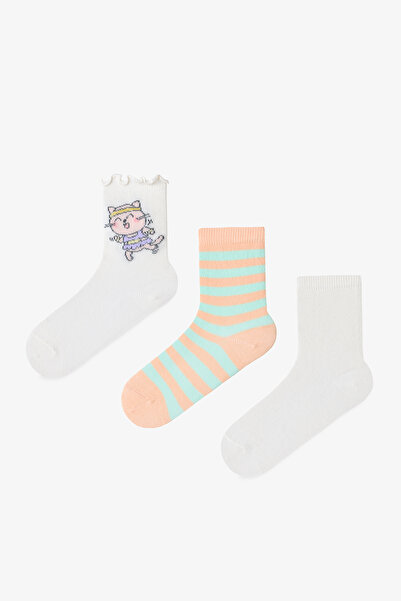 Penti Girl's Fast Cat Cotton Animal Patterned 3 Pairs of Socks