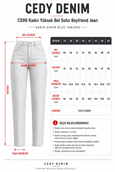 CEDY DENIM Mom Fit Jean Yüksek Bel Boyfriend Kesim Likralı Mavi Kadın Kot Pantolon C599