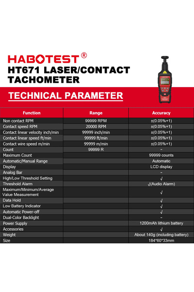 choice2 HT671 rechargable HABOTEST HT670 Digital Laser Tachometer Non-Contact...