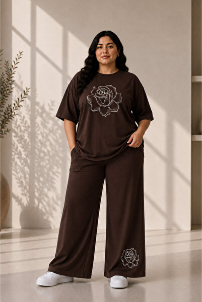 Rubonia Women's Plus Size Rose Print Oversize 2-Piece Tracksuit Set Wide Leg ...