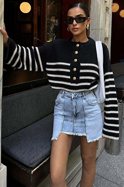 Madmext Black Crew Neck Front Gold Button Striped Women's Knitwear Sweater Mg...